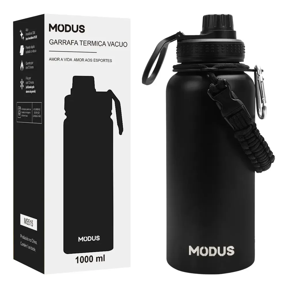 Garrafa Térmica 1 L Aço Inox 304 Bebidas Quentes E Frias Calor 12h Frio 18h Cor Preto