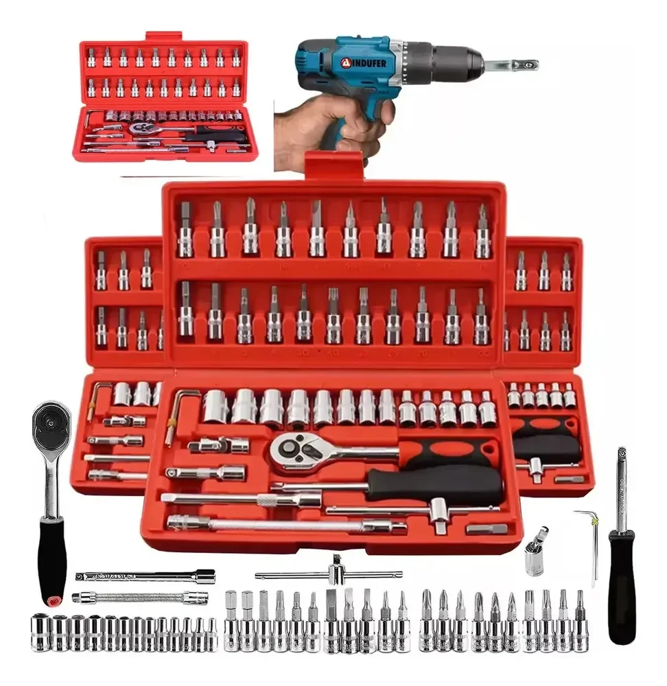 Kit Chaves Jogo Catraca Reversível Soquetes 46 Peças+maleta Mecânico Manutenção Casa Carro Profissional Resistente Portátil Compacto