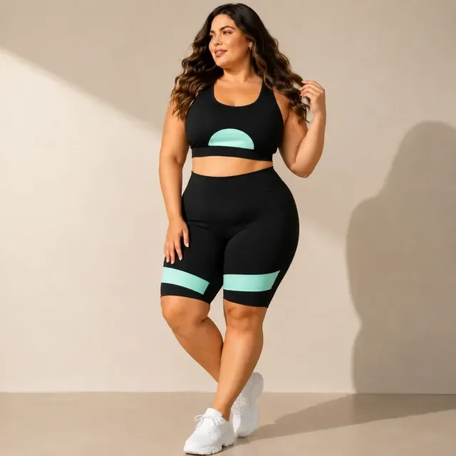 Conjunto Plus Size Academia Top E Bermuda Fitness Cós Alto