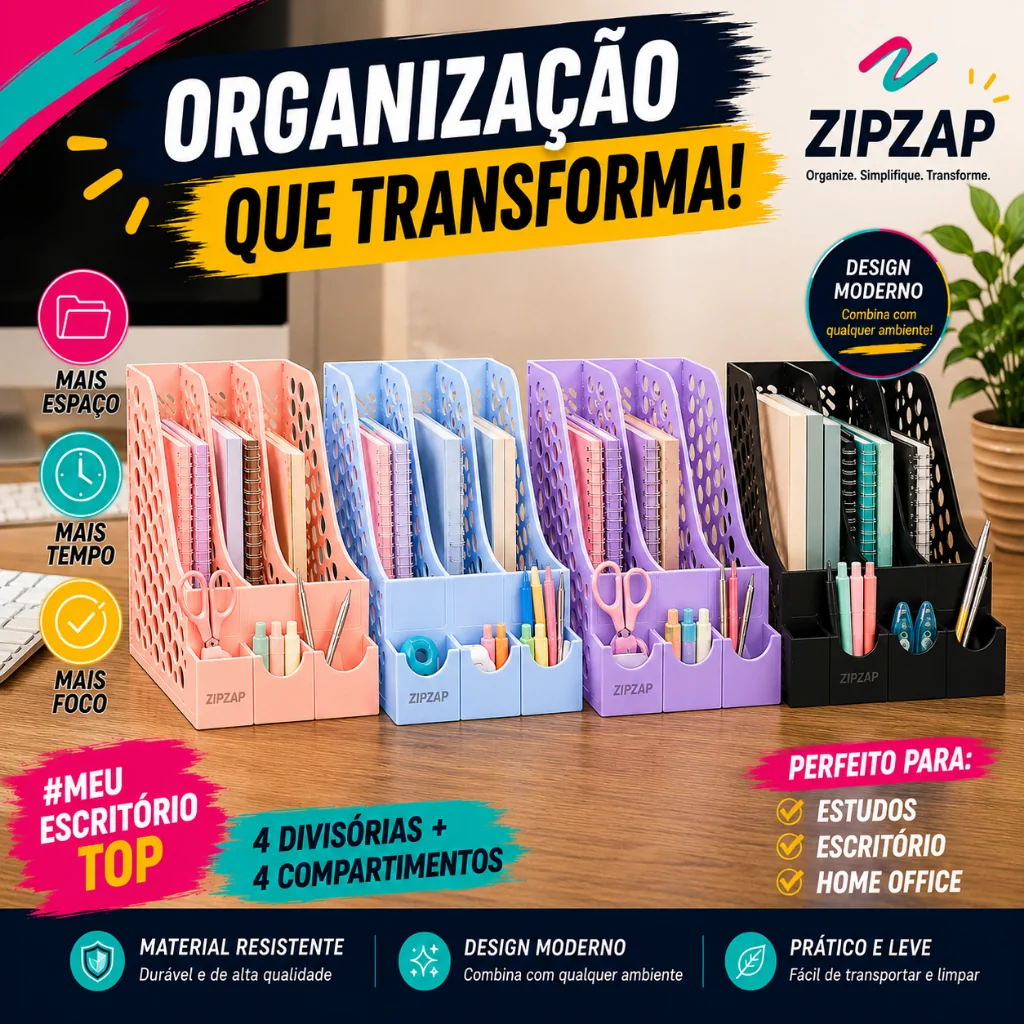 Organizador de Mesa - Porta-Papéis e Livros 3/4 Divisórias + Porta-Trecos - Cores Diversas + Figurinhas Adesivas