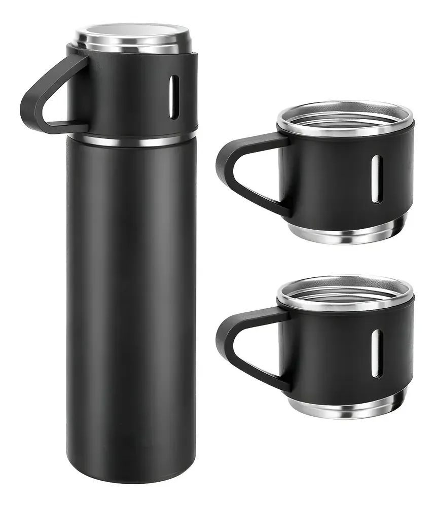 Caneca Kit Garrafa Térmica Vacuum Bottle Inox 500ml + 3 Xíca Preto