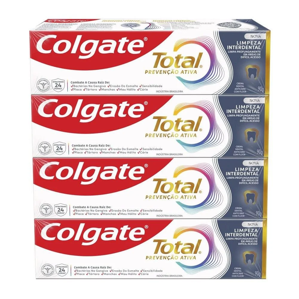 Colgate Total Creme Dental Limpeza Interdental, Prevenção Ativa, 4 Unidades de 90g Cada