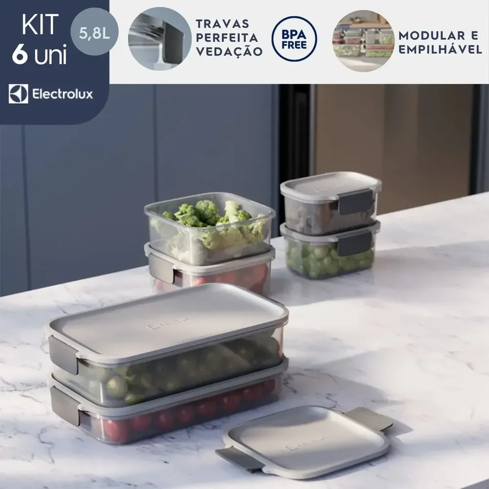 Electrolux Kit 6 Potes Herméticos De Plástico Cinza, 5,8l, Safelock, Empilhável E Modular