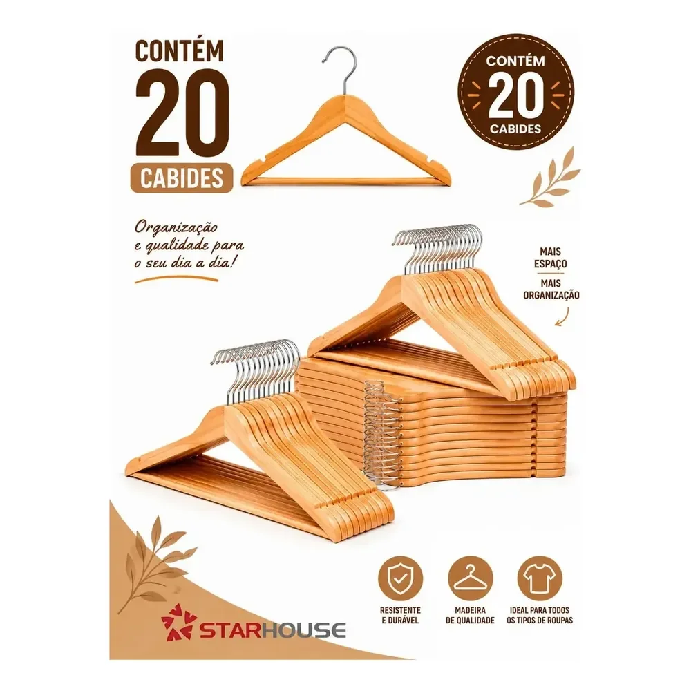 Kit 20 Cabides De Madeira Marfim Com Verniz Roupas Gancho Metal Giratório Starhouse Marrom-claro