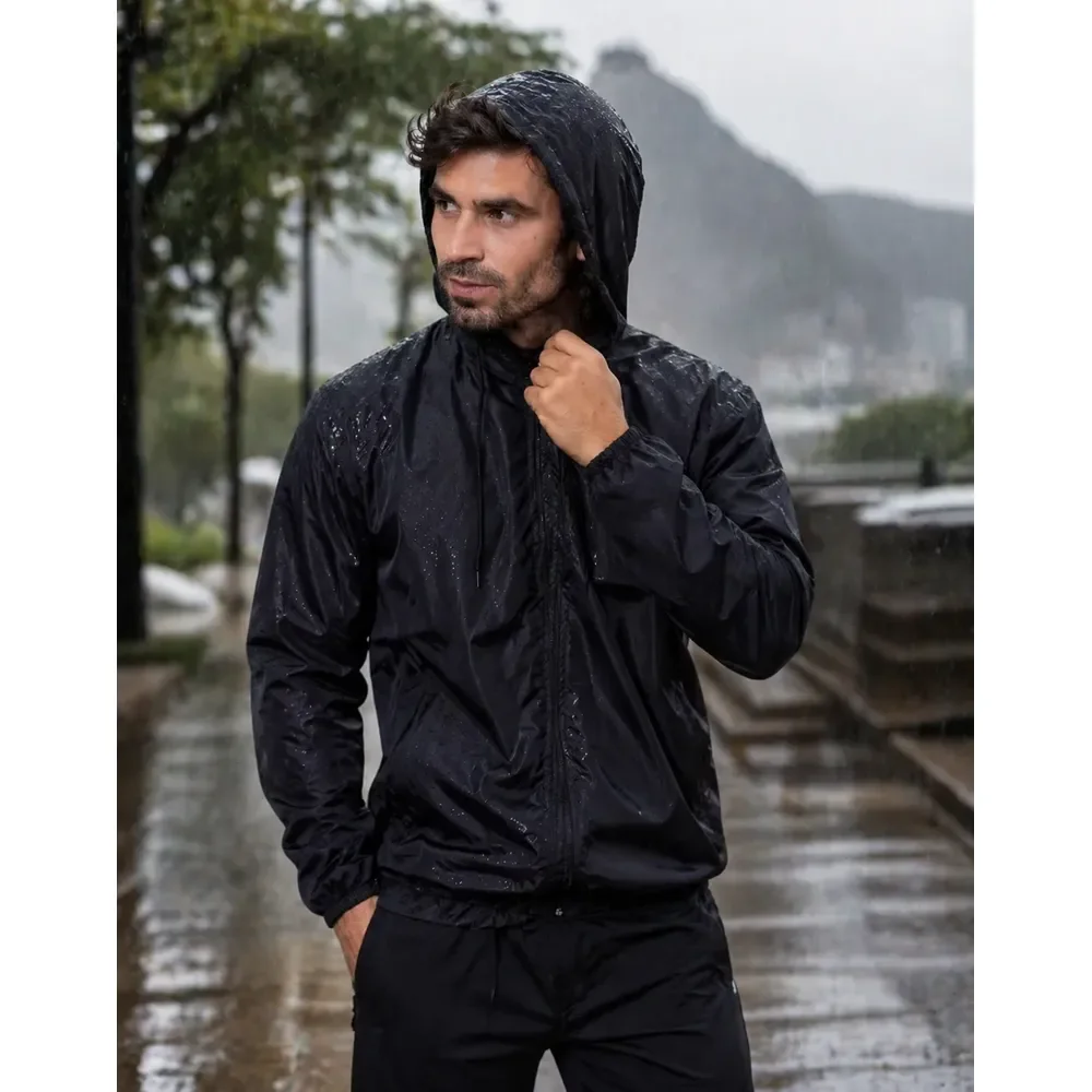Jaqueta Corta Vento Masculina Impermeável Capuz Zíper Bolso Preto M Lisa