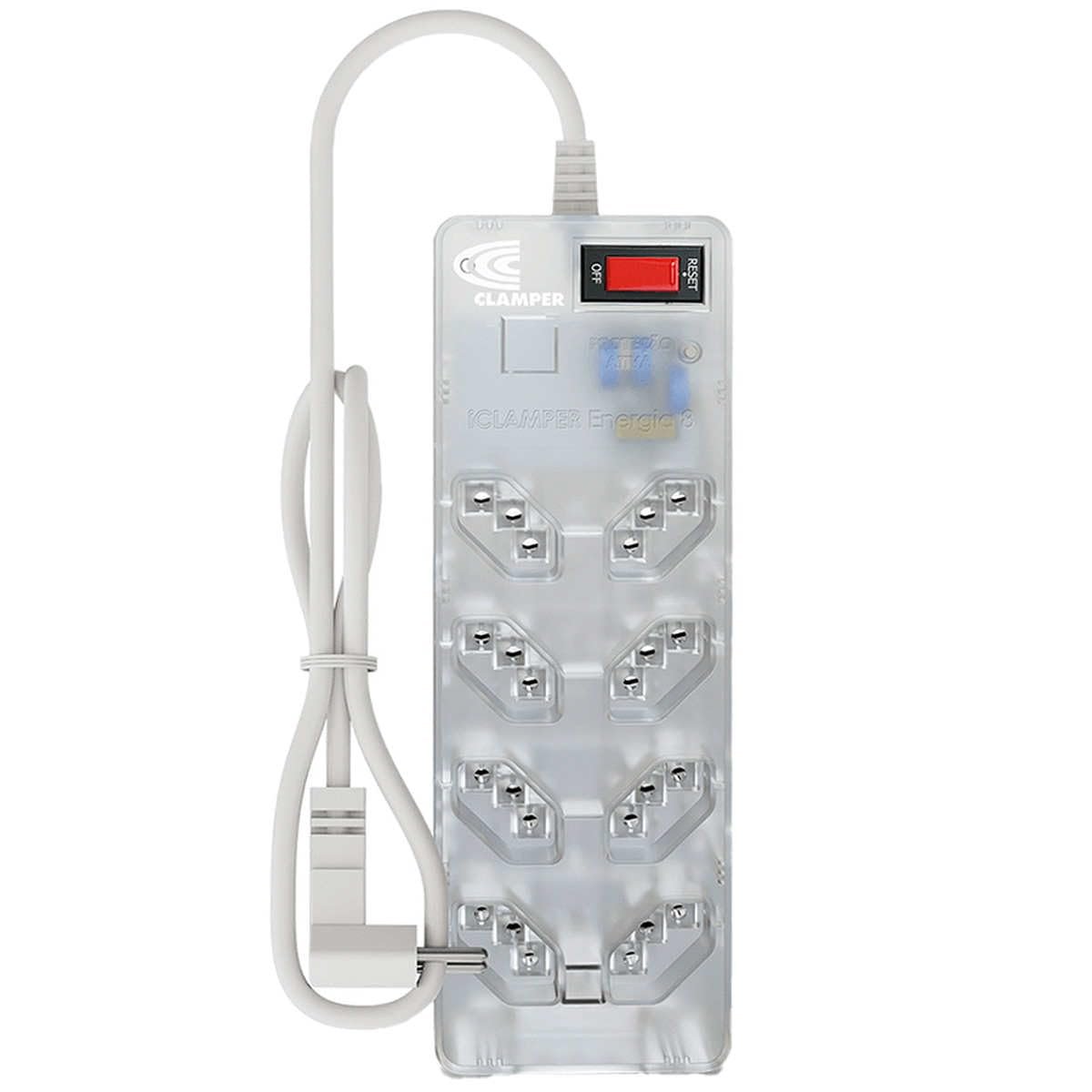 Filtro de Linha iCLAMPER Energia 8 com Proteção contra Surtos Elétricos(DPS) 8 Tomadas, 3 Pinos, 10 Amperes para PC, Notebook, Monitor, Impressora, PS5, Alexa e etc, Bivolt, Cabo de 1m Transparente