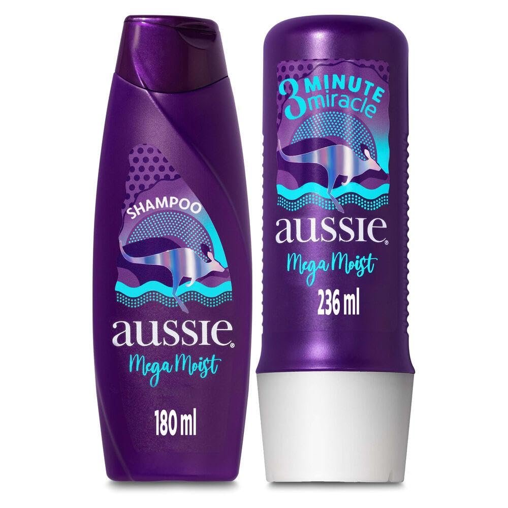 Kit Aussie Mega Moist Super Hidratação Shampoo 180Ml e 3 Minutos Milagrosos 236Ml, Aussie, Roxo