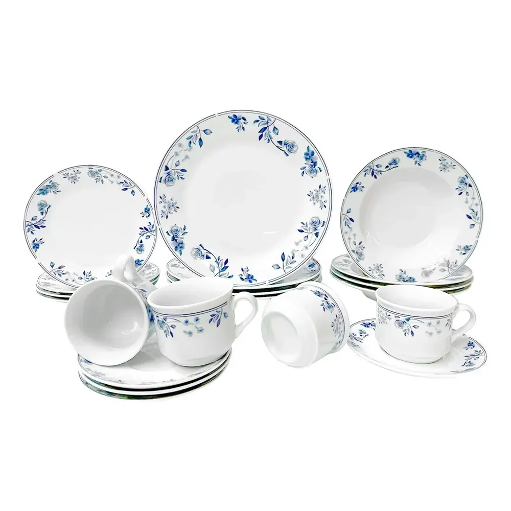 Jogo Aparelho De Jantar Mayara Em Porcelana 20 Peças Cor Branco E Azul Hauskraft Florido