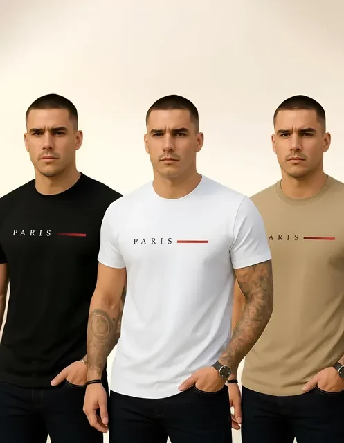 Kit 3 Camisetas Paris Masculinas Luxo Camisa Algodão Premium