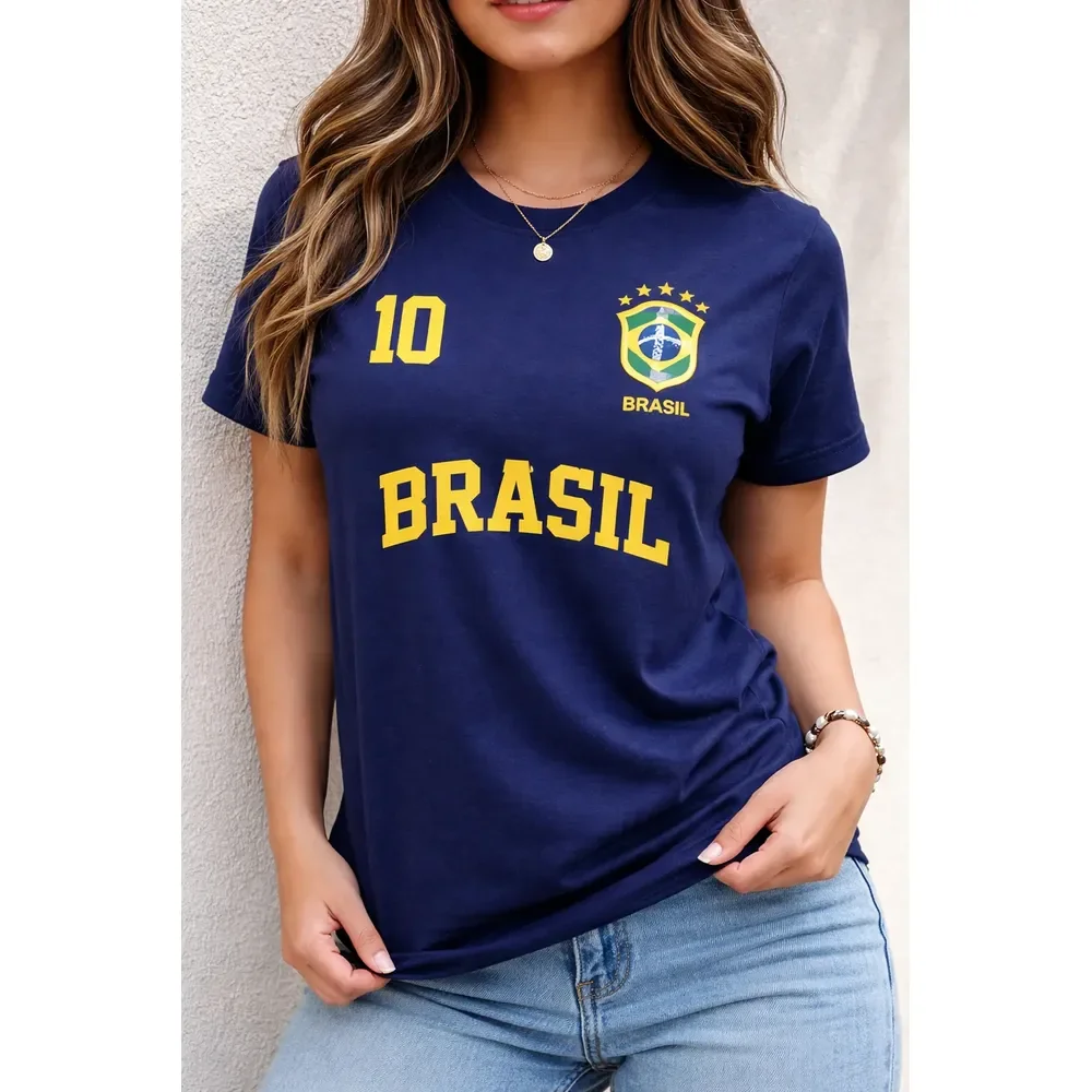 Camiseta Brasil Feminina 100% Algodão Estilosa Copa 2026 Azul-marinho Brasil 10 G