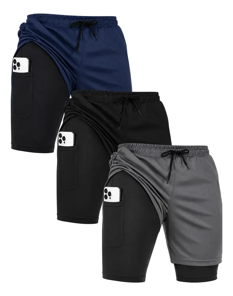 Kit 3 Shorts 2 Em 1 Academia Corrida Bermuda Duplo Com Bolso Preto /cinza /azul Xg
