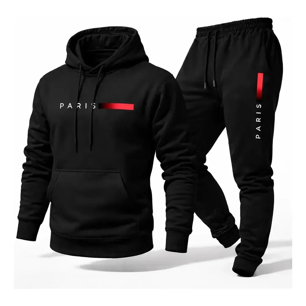 Conjunto Moletom Calça Unissex Paris Canguru Casaco Frio M Preto
