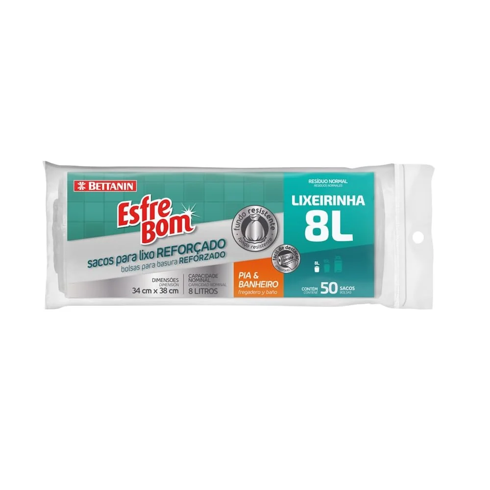 EsfreBom - Saco para Lixo de Pia e Banheiro, Rolo com 50 Sacos de 8 Litros, Bettanin