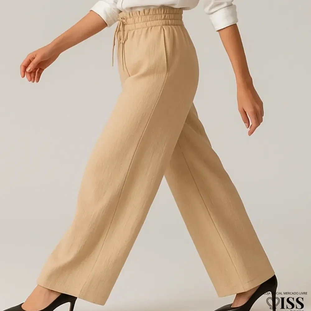 Calça Feminina Alfaiataria Wide Leg Social Pantalona Bege P