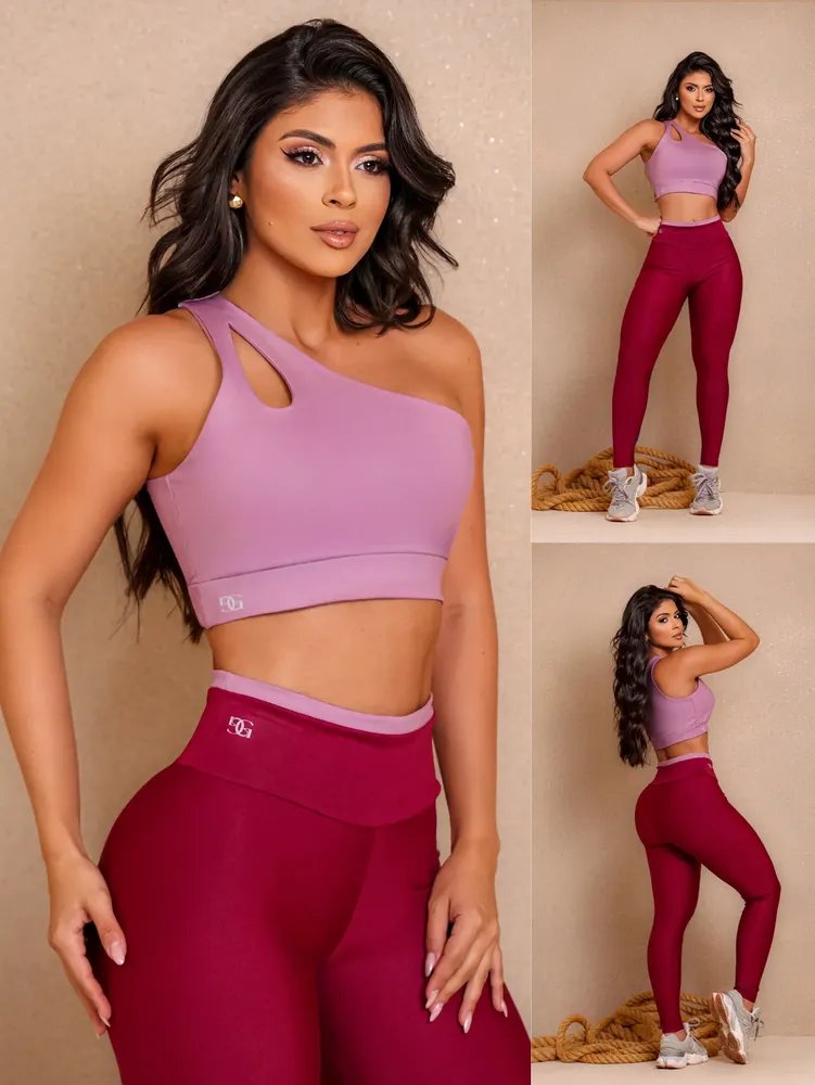 Conjunto Fitness Top Nula Manga E Calça Academia Bicolor  Marsala P (38)