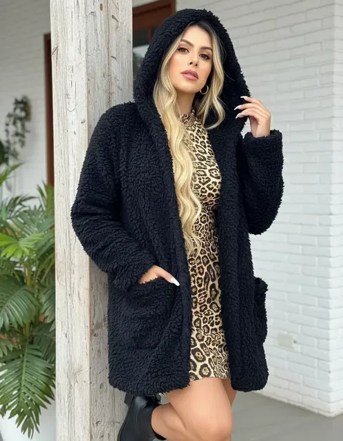 Casaco Sobretudo Teddy Com Bolso Capuz Forrado Pelo Inverno