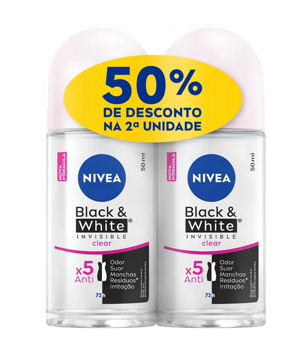 NIVEA Kit Desodorante Antitranspirante Roll On Invisible Black & White Clear 50ml