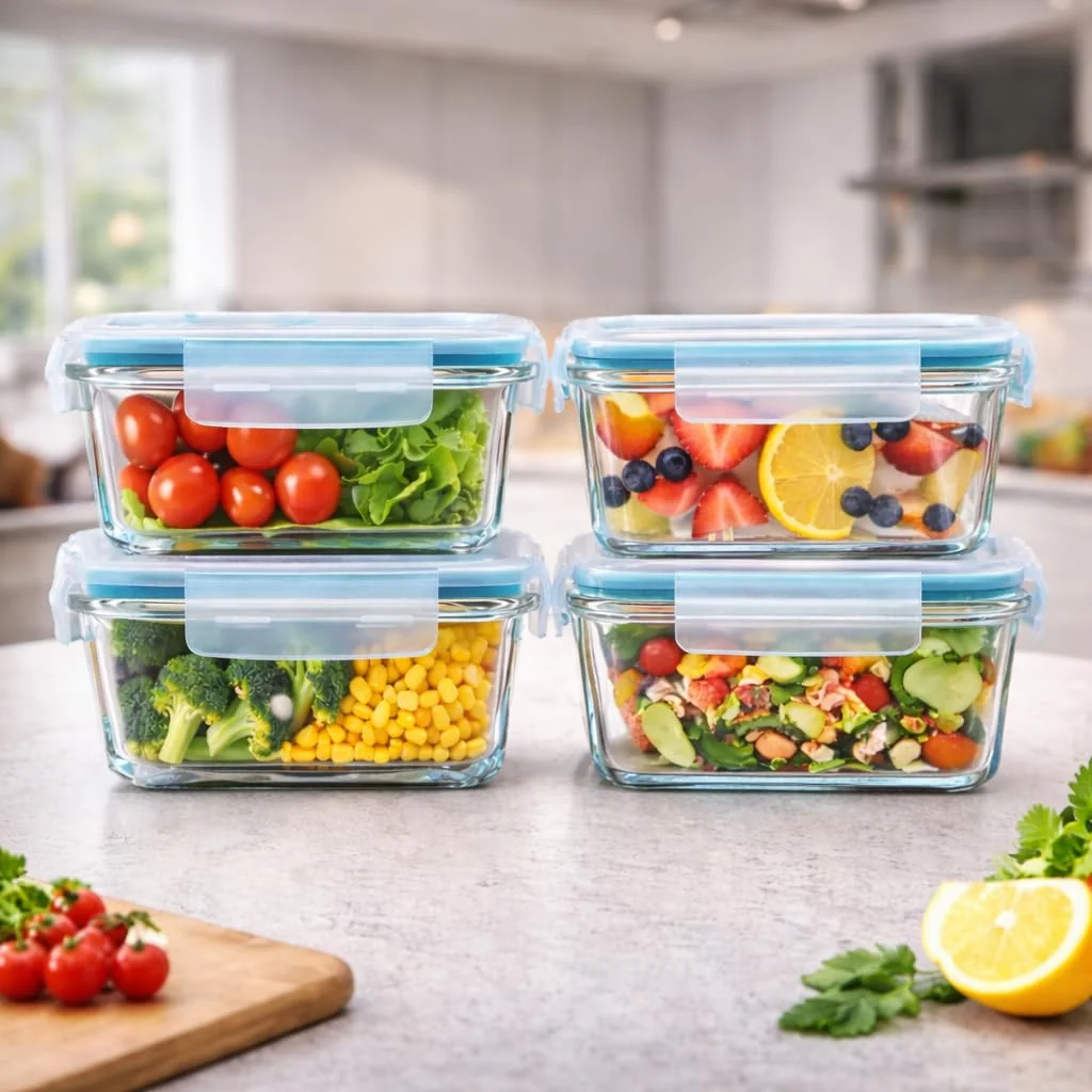 Kit 4 Potes de Vidro Hermético 640ml Borossilicato com 4 Travas – Marmita Fit, Pote para Alimentos Freezer Micro-ondas Lava-Louças Super Resistente Linha Rhead Premium - Aproximadamente 18x13x6 cm (4)