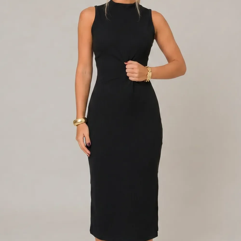 Vestido Midi Canelado Casual Básico Modelador Regata Casual Preto Gg (44-46)