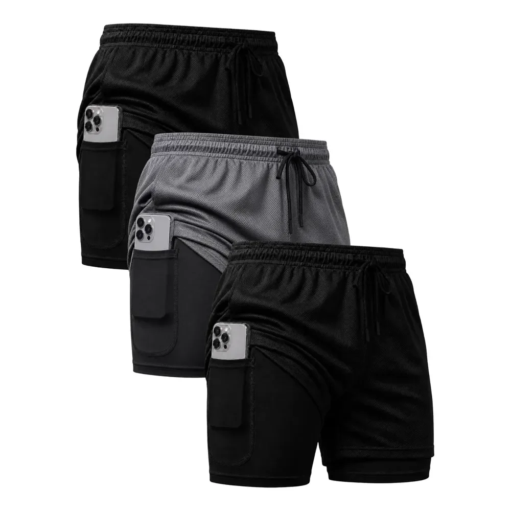 Kit 3 Shorts 2 Em 1 Duplo Dryfit Masculino Compressão Térmic Preto/cinza Lisa P