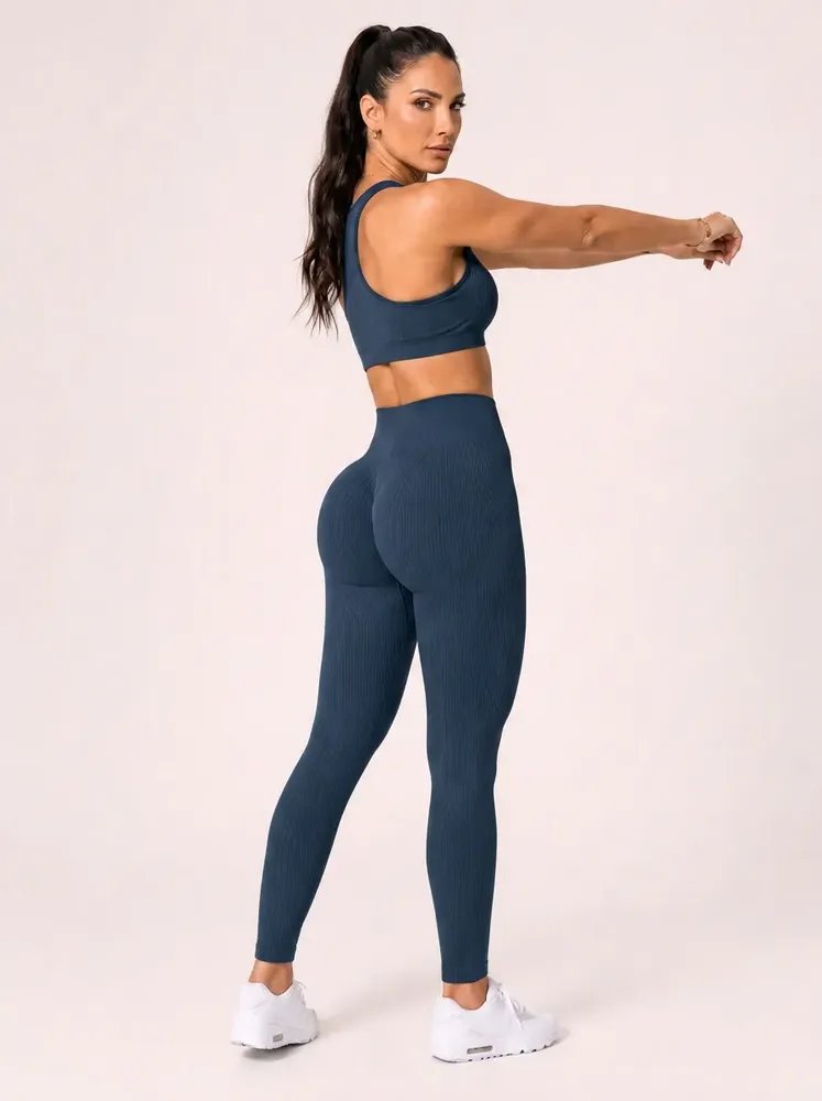 Calça Legging Canelada Feminina Academia Sem Costura Fitness Azul Liso G/gg