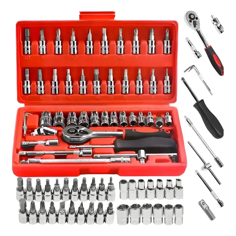 Kit 46 Ferramenta Jogo Chave Catraca Repara Moto Carros Vermelho