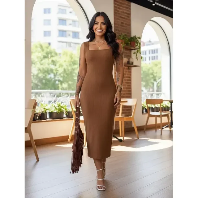 Vestido Longo Casual Festa Alça Grossa Fenda Moda Elegante