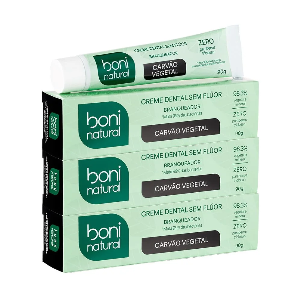 BONI NATURAL - Creme Dental Carvão Ativado Branqueador Com Carvão Vegetal, Sem Flúor, Sem Triclosan, 90g, 3 unidades Leve Mais Pague Menos