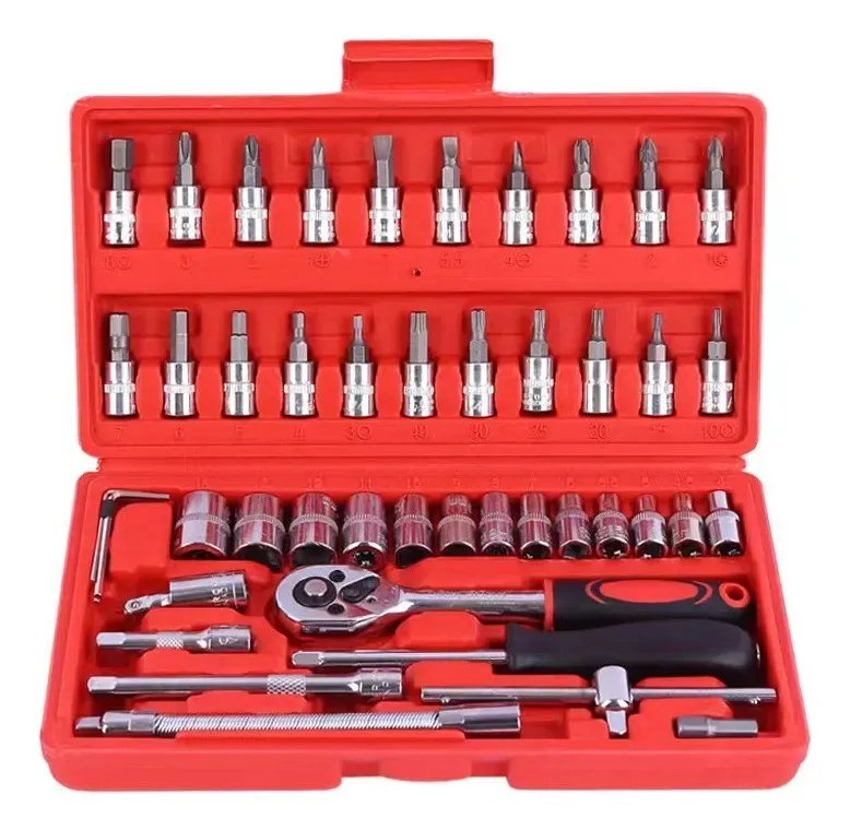 Kit Ferramentas 46 Peças Com Soquetes e Chaves Para Carro e Casa Vermelho