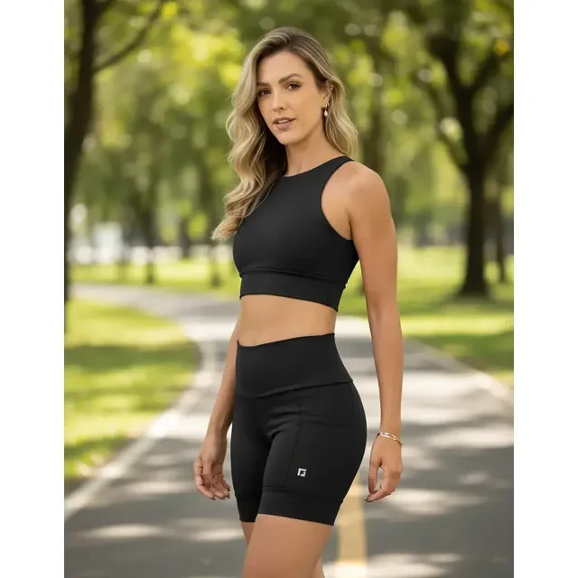 Conjunto Corrida Shorts Com Bolsos + Top Cropped Blackout