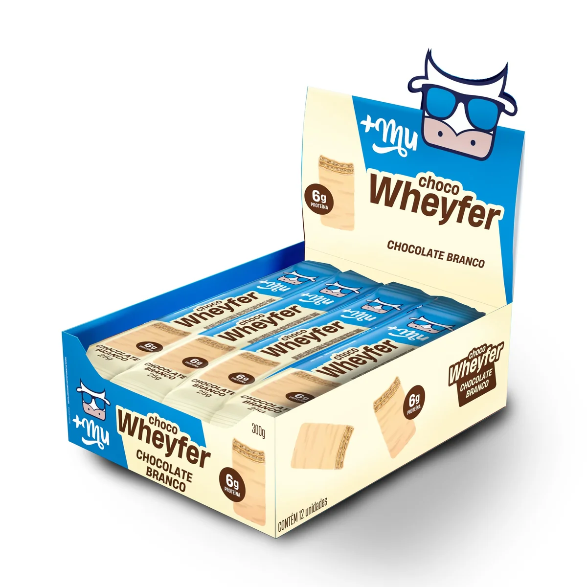 Chocowheyfer, Mais Mu, Wafer Proteico Sabor Chocolate Branco, 6g de Proteína, Zero Açúcar, Display com 12 Unidades