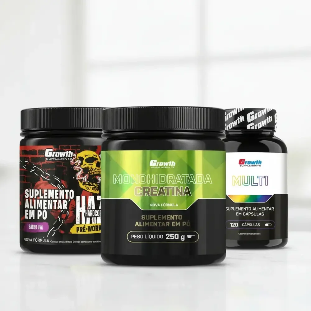 Kit Growth: Creatina Monohidratada 250g + Multivitamínico 120 Cáps + Pré-treino Haze Uva 300g