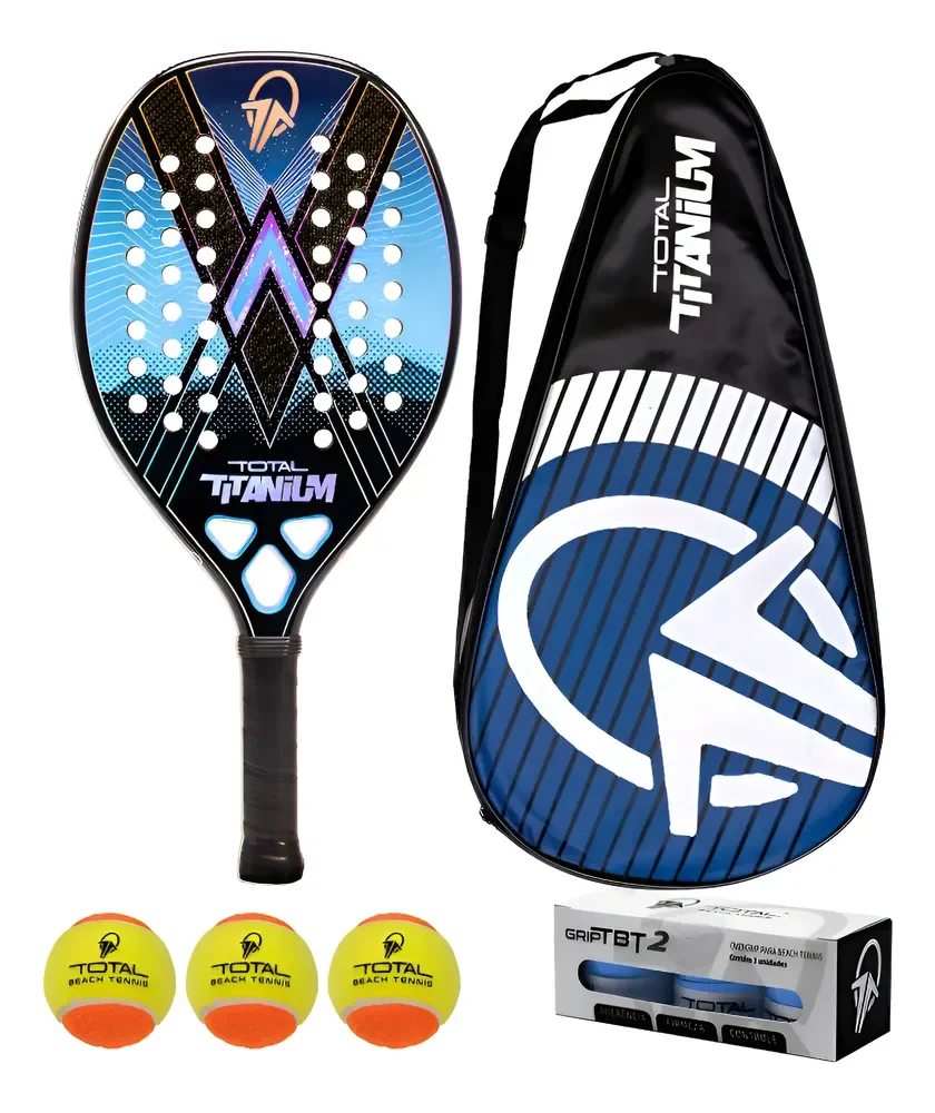 Kit Beach Tennis Total Titanium 3k Raquete Bola Grip Fita Azul