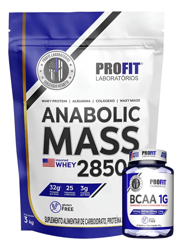 Kit Anabolic Mass C/ Whey 28500 + Bcaa 1g Profit Aminoácidos Doce De Leite 3kg | Bcaa 1g 60 Tabletes