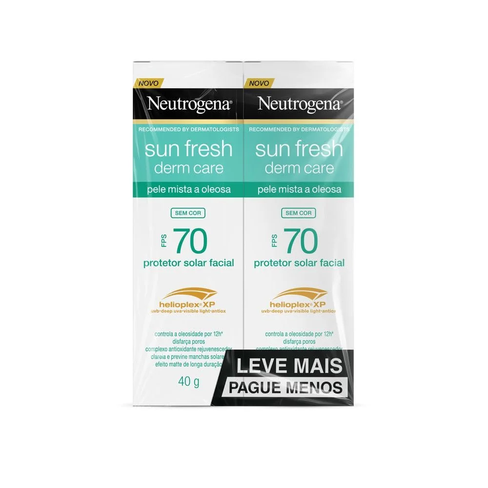 Protetor Solar Facial Para Pele Oleosa Derm Care, FPS 70, Sem Cor, Kit com 2 Unidades de 40g