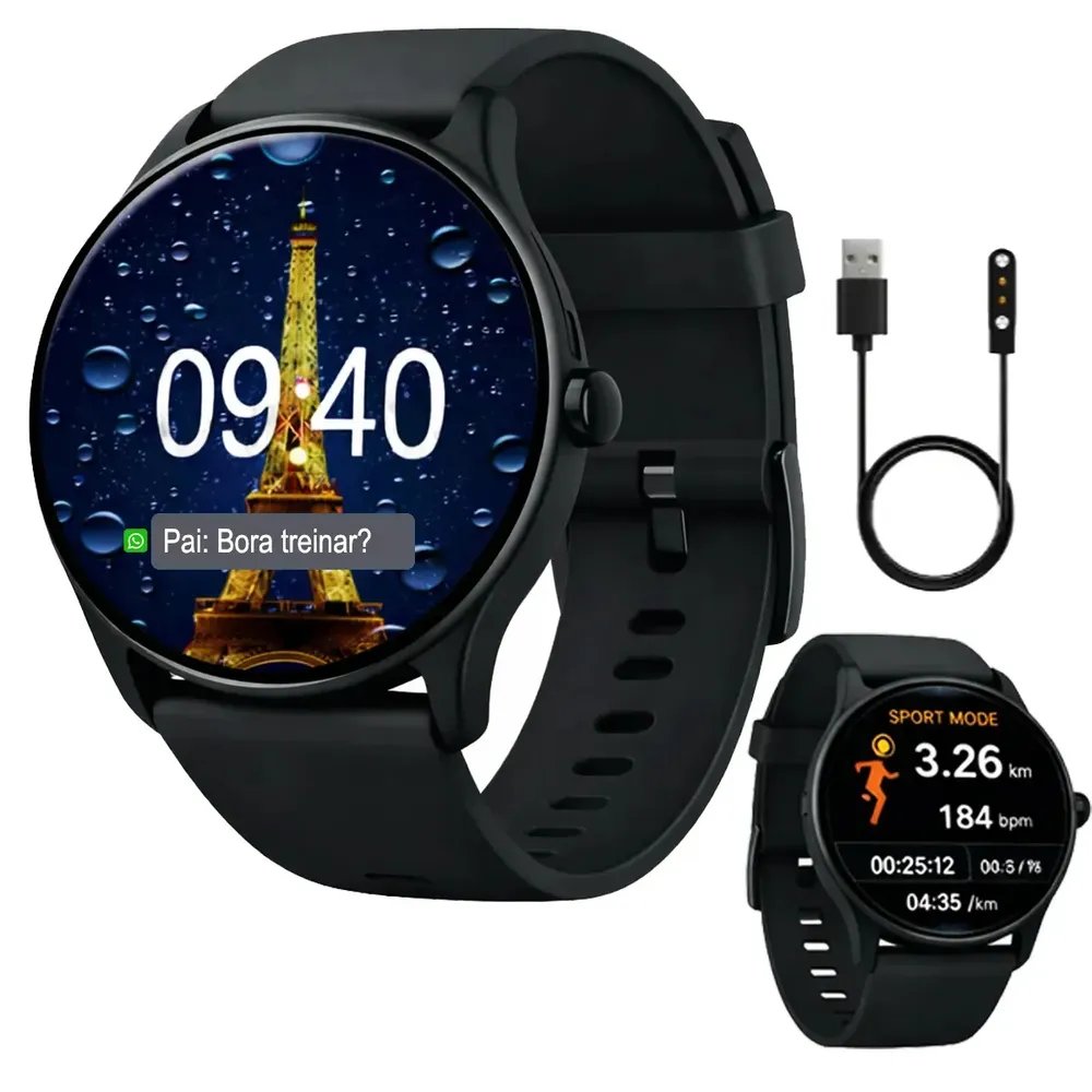 Relógio Inteligente Smartwatch Prova D'água Esportivo Redondo Masculino Feminino Allphone Lançamento 2026 Preto