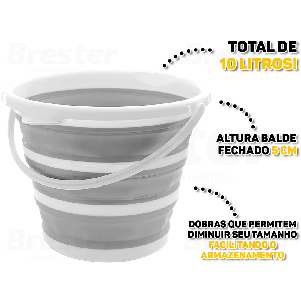 Balde Dobrável Retrátil Multiuso 10 Litros Com Alça Gancho Dobra Emborrachada Branco/Cinza Powermaid