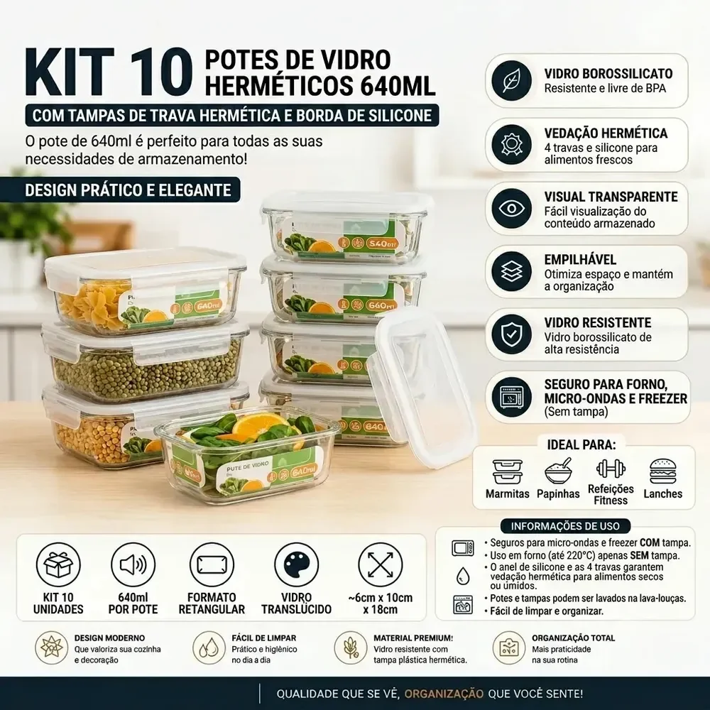 Kit 10 Potes Herméticos De Vidro 640ml Haushop Tampa Vedação Firme Para Geladeira E Despensa Organização Da Cozinha Transparente