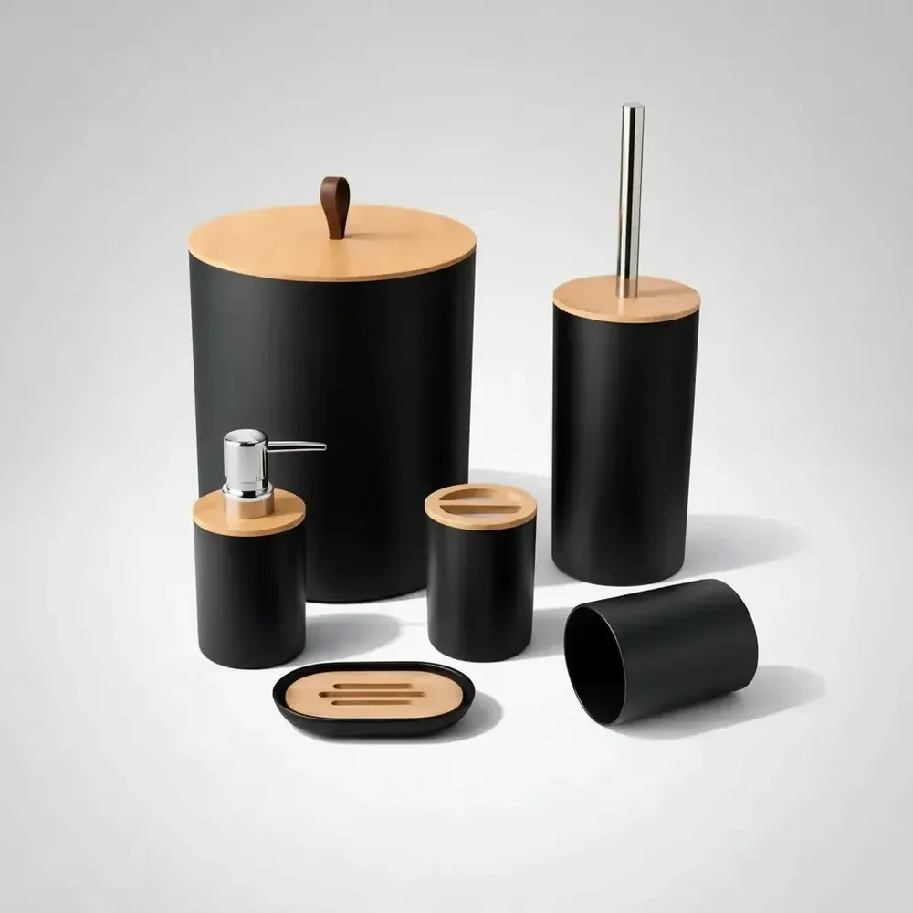 Kit Banheiro Acessórios Kit Banheiro Completo 6 Peças Tampa Fechada Copo Multiuso, Escova Sanitária, Cesto De Lixo, Porta Escova, Porta Sabonete Líquido, Saboneteira Dona Bego Cor Preto Sayonara
