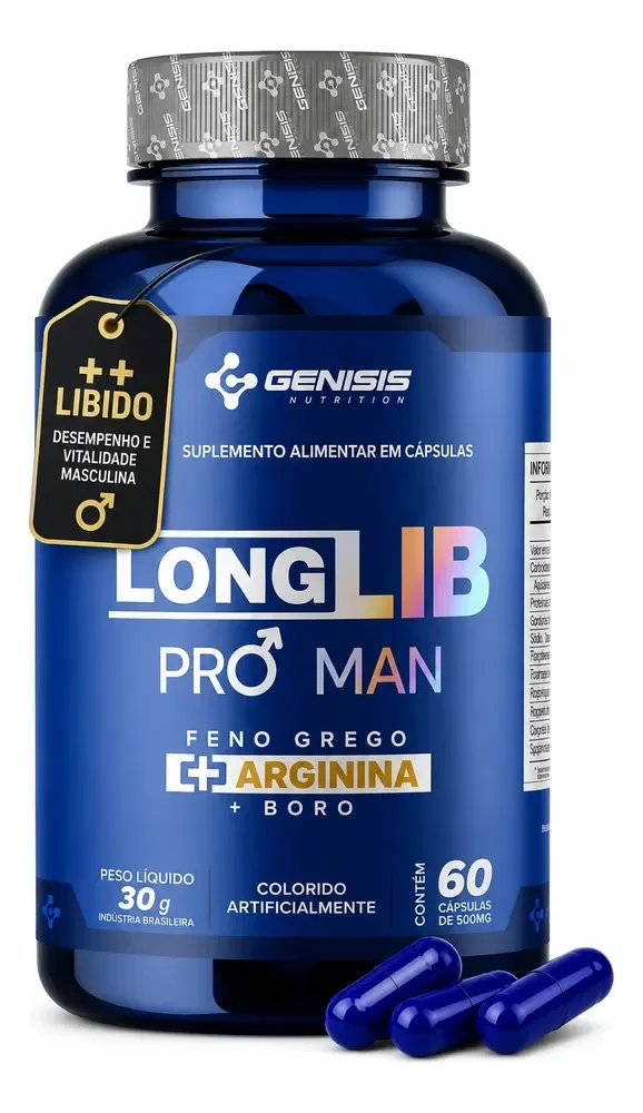 Longlib Pro Man 60 Cápsulas Arginina Feno Grego Boro +brinde Genisis Nutrition