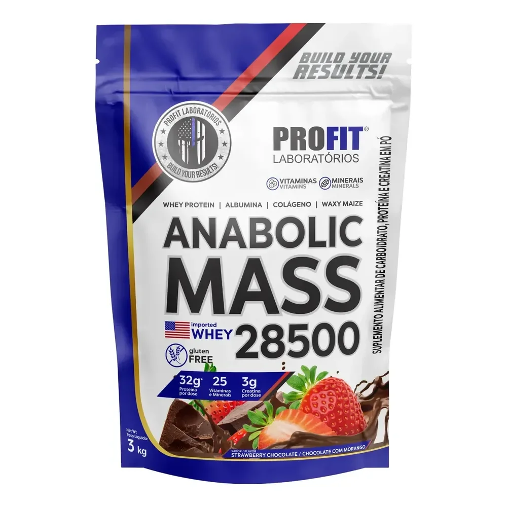 Hipercalórico Anabolic Mass 28500 3kg Profit Labs Sabor Chocolate Com Morango