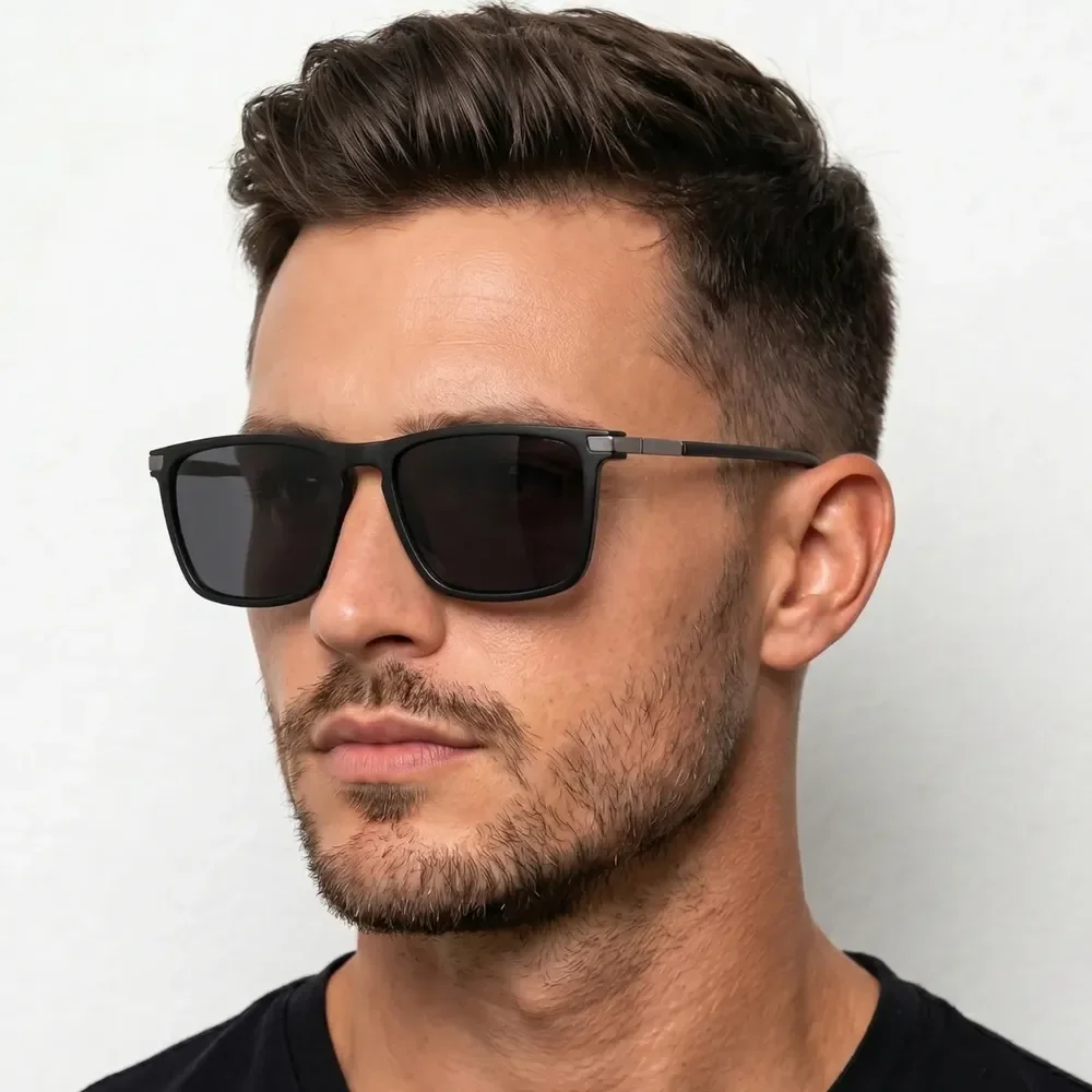 Óculos De Sol Quadrado Masculino Proteção Uv400 Tendencia Quadrado Armação Preta/ Lente Preta / Quadrado