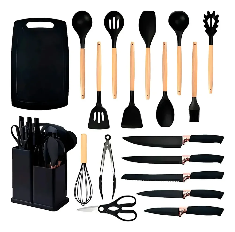 Conjunto 19 Peças Utensílios Cozinha Silicone Preto Helplo Preto