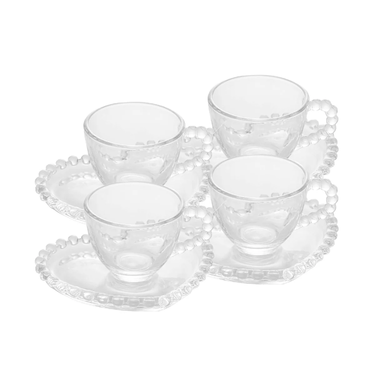 WOLFF - Conjunto 4 Xícaras de Café de Cristal com Pires Coração 85ml - Linha Pearl