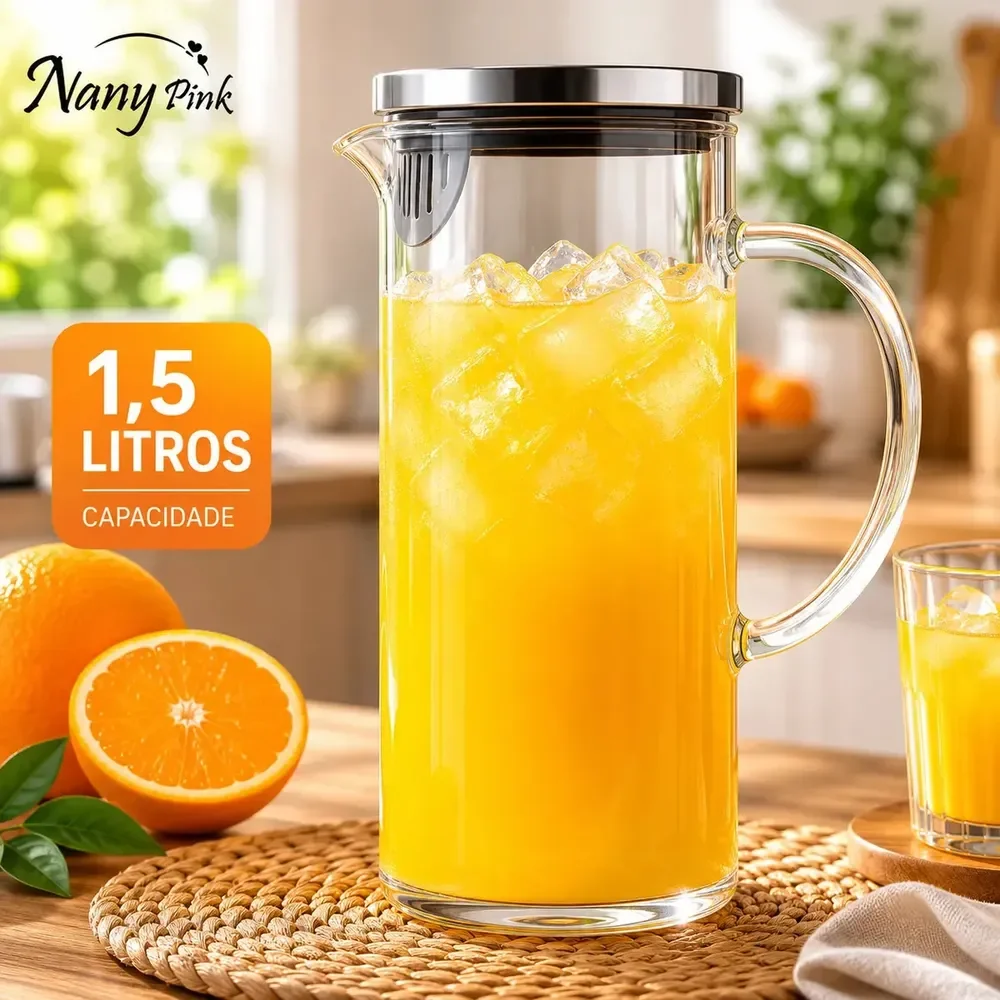 Jarra Vidro Borossilicato 1,5 Litros Tampa Inox Hermética Agua Suco Transparente - Nany Pink