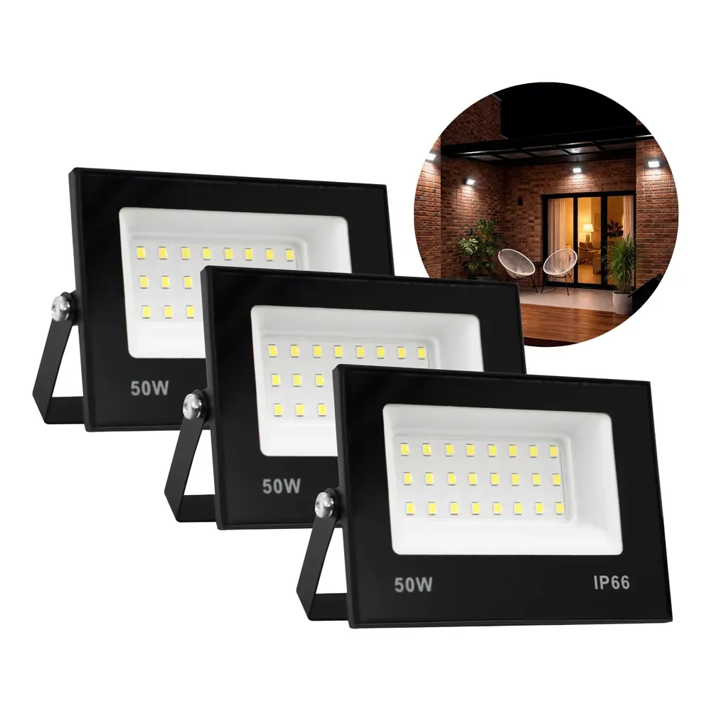 Kit 3 Refletor Led 50w Holofote Bivolt Prova D'água Frio 110v/220v (bivolt) Preto Branco-frio