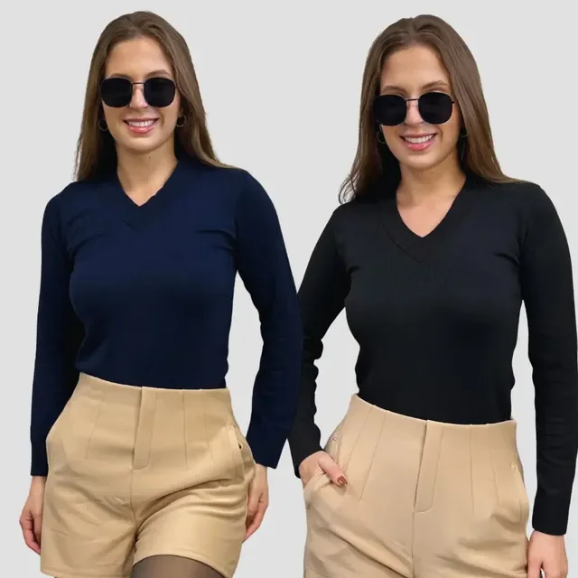 Kit 2 Suéter Feminino Tricô Básico Gola V Macia Moda Inverno