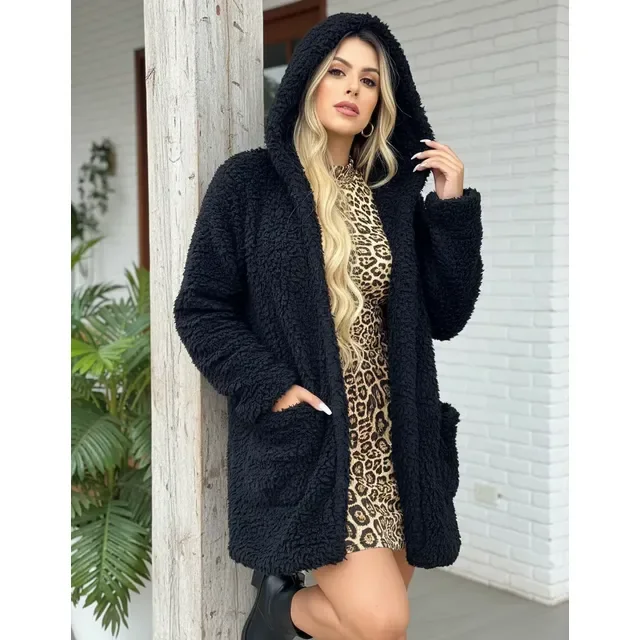 Casaco Sobretudo Teddy Com Bolso Capuz Forrado Pelo Inverno