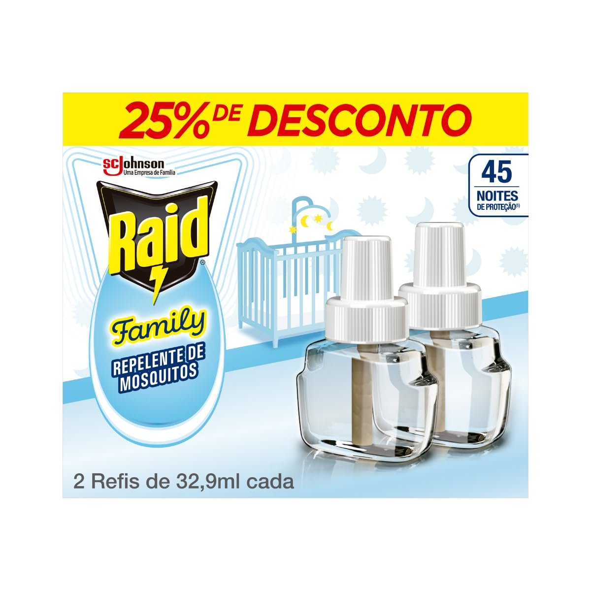 Raid Repelente Elétrico Líquido Family 45 Noites, 2 Refis de 32,9ml