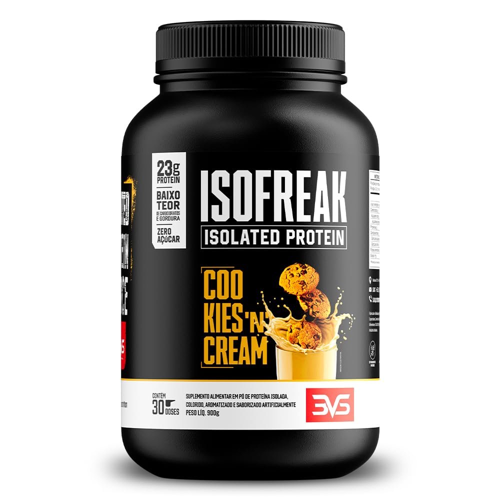 Isofreak Protein Isolada Cookies'n Cream 900g 3VS Nutrition · Whey Isolado + Proteína de Soja · 24g de Proteína por Porção · 30 doses